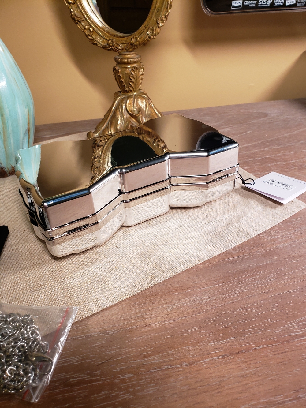 Kurt Geiger Silver Mirror Bow Clutch w/ Shoulder Chain NIB! - Picture 12 of 14